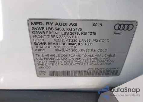 2018 Audi Q5 Premium Plus z USA, uszkodzony, nr VIN WA1BNAFY0J2249430